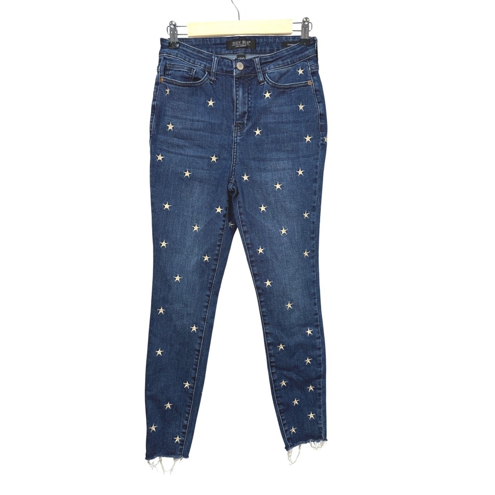 Judy Blue Star Embroidered Skinny Jeans Dark Wash Raw Hem 5/27 JB88264 Womens